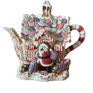NIB Fitz and Floyd Candy Lane Ceramic Teapot with Multicolor Accents Christmas